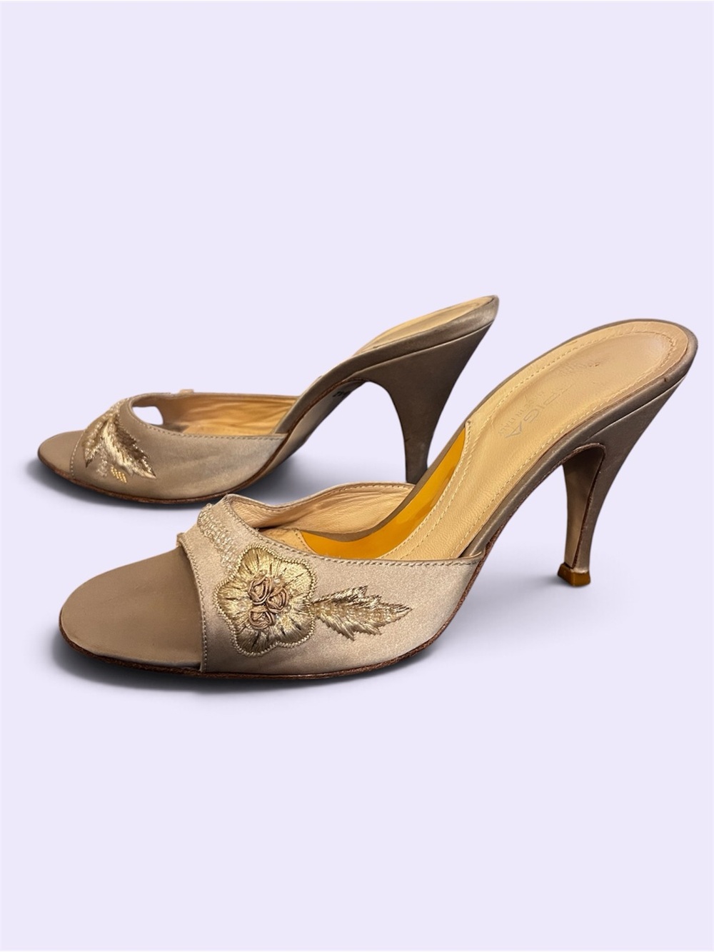 Via Spiga Gold Satin Embroidered Open-Toe Mules